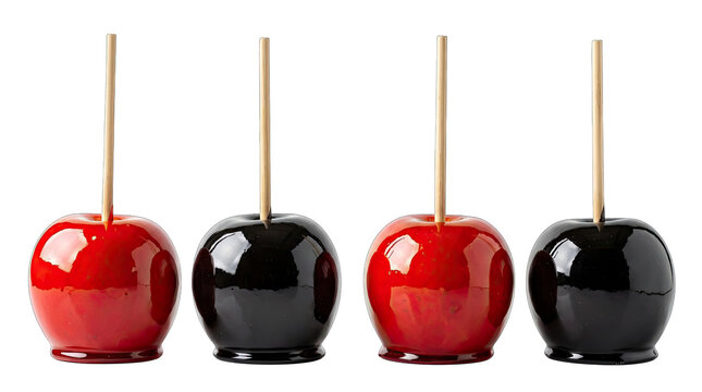 A delightful collection of four glossy candy apples alternating red and black perfect for halloween celebrations isolated on transparent background