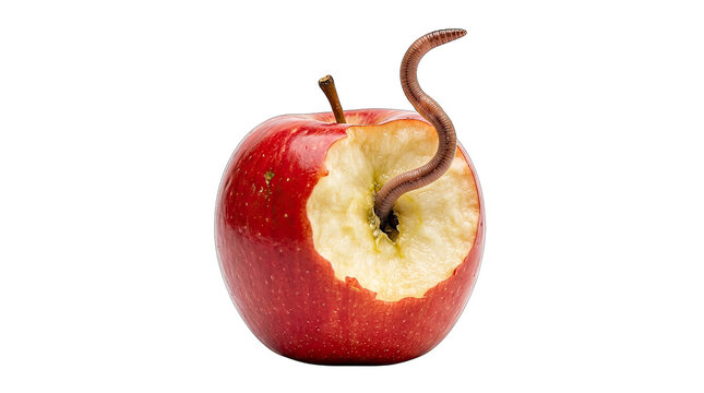 A deliciously spooky red apple with a worm emerging from a bite perfect for halloween designs isolated on transparent background