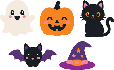 Fototapeta premium Cute halloween icons set with pumpkin ghost black cat witch hat and flying bat character
