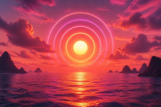 Sunset sun with concentric neon rings over ocean horizon