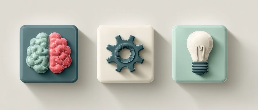 Minimalist Icon Set Representing Employee Training Skill Development Brain Gear Lightbulb Symbols Modern Training Programs