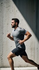 Obraz premium Dynamic side view of male runner in grey shirt, black shorts against concrete wall. Sunny daytime outdoor scene. Athletic man runs, emphasizing motion, fitness, determination. Likely depiction of