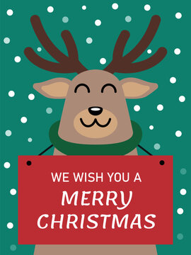 Merry Christmas Greeting Card with Cute Reindeer and Deer in a Snowy Winter Cartoon Illustration, Festive Holiday Celebration Design with Santa, Rudolph and Xmas Decorations