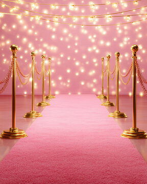 Glamorous pink carpet event entrance with golden stanchions and chains under warm glowing fairy lights backdrop. Perfect for celebrity premiere, party, and luxury fashion themes