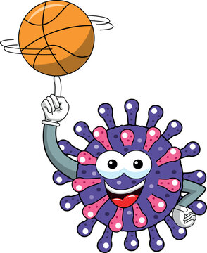 Carton mascot character virus or bacterium performing basketball skill spinning ball isolated vector illustration