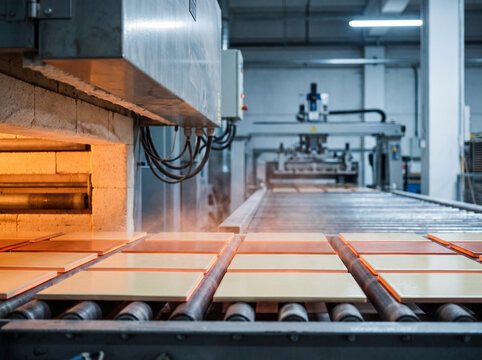 Ceramic tiles emerging from a roller kiln at a factory