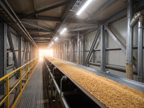 Conveyors moving grain inside a port export terminal