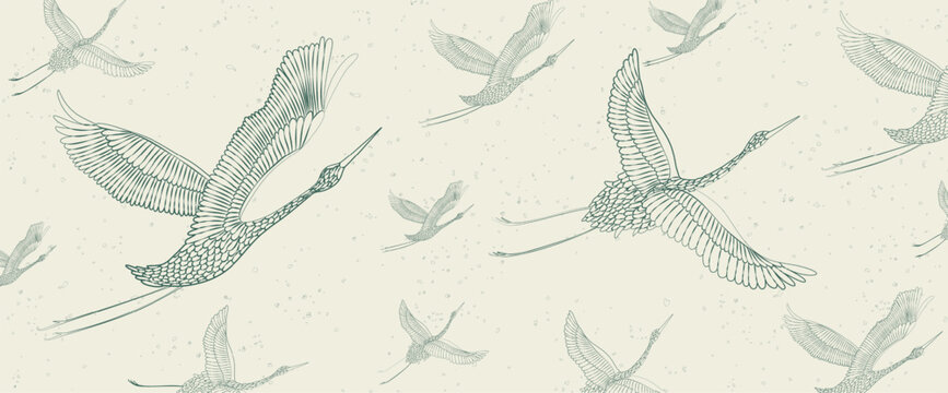 Luxury art background with oriental-style birds and line art elements. Vector banner for decor, prints, textiles, wallpaper, packaging, and interior design.