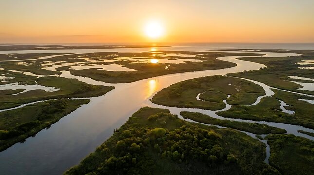 Aerial view of a serene turkey conservation area at sunset with winding waterways and marshland, showcasing the natural habitat beauty and tranquility.