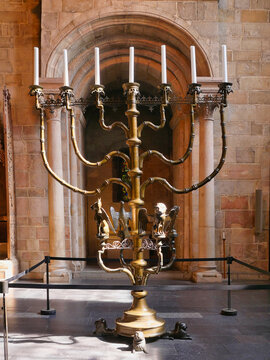 Lund, Sweden. May 2021. The interior in the Lund Cathedral - 3,5m tall bronze candlestick.