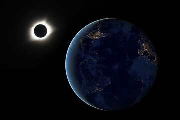 Eclipse of the Sun. The moon covers the sun in a beautiful solar eclipse. Elements of image provided from NASA © Trilly