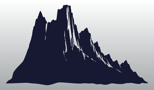 Stylized vector silhouette of a rugged mountain peak with sharp rock ridges and contrast highlights, isolated landscape graphic element for outdoor adventure and nature design.
