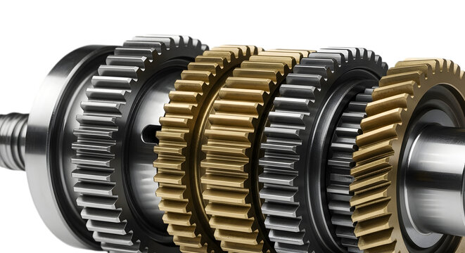 Closeup view of a series of metal gears on a shaft, showing intricate teeth and different materials