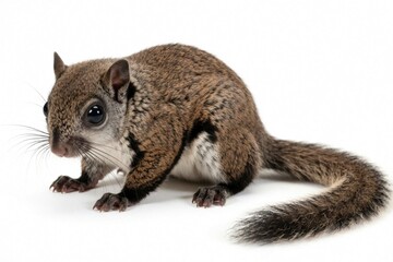 Naklejka premium Javanese flying squirrel poses on white background. Small rodent with big eyes and bushy tail sits and looks curiously. Cute mammal is isolated for graphic design use.