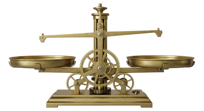 Antique brass balance scale with intricate gears and two pans, on white
