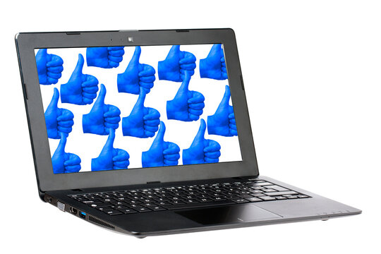 laptop computer with screen full of thumb up isolated on white background