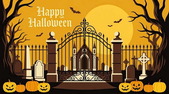 A spooky halloween night beckons enter the haunted cemetery gates under the glowing autumn moon if you dare