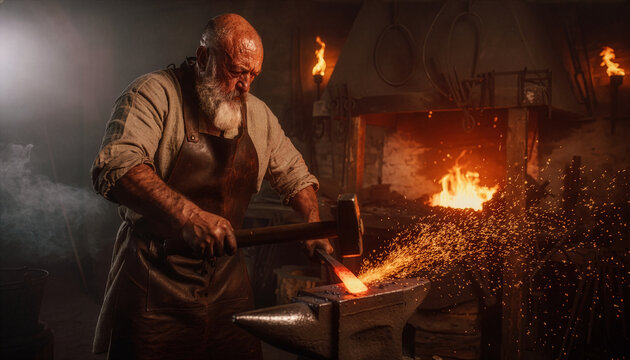 Medium cinematic shot of a rugged medieval blacksmith hitting a glowing hot iron sword with a heavy hammer on an anvil.