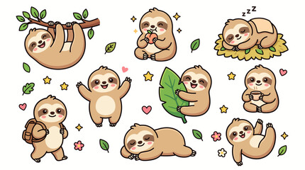 Naklejka premium Cute Cartoon Sloth Characters Set in Various Poses Hanging Sleeping and Playing