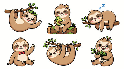Naklejka premium Cute Cartoon Sloth Set – Adorable Sloth Characters Hanging, Sleeping and Eating Avocado