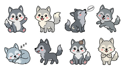 Fototapeta premium Cute Cartoon Wolf Set – Adorable Baby Wolf Characters Howling, Sleeping and Walking