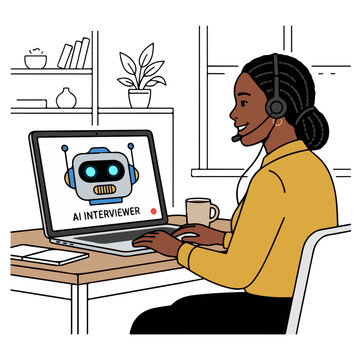 Female job applicant attending online video interview with automated artificial intelligence bot on laptop, AI-generated vector