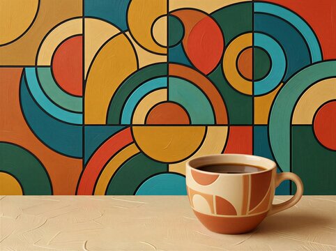 Colorful circular patterns with a coffee cup on a textured surface  