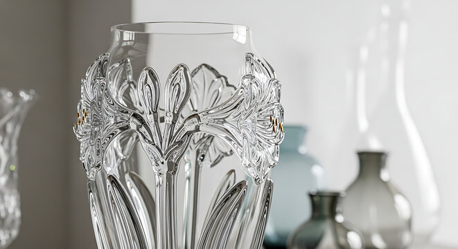 Elegant crystal vase featuring intricate floral embossing against soft blurred interior background elements for home decor