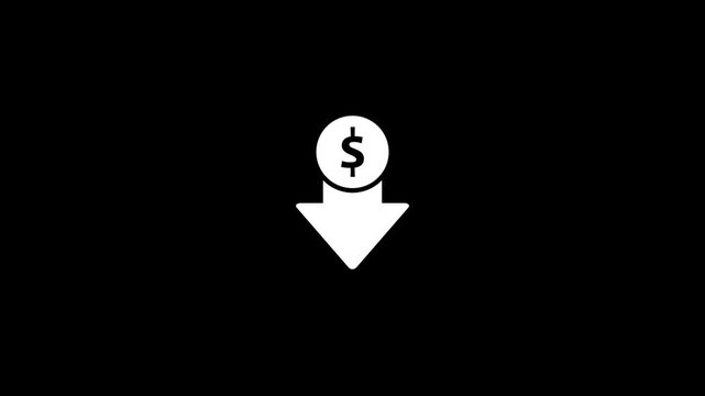 Financial loss concept: dollar coin with downward arrow animation for economic decline and market recession analysis