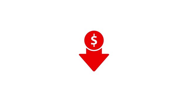 Red dollar sign down arrow animation for financial market decline and economic loss