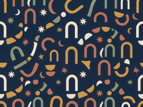 Scattered abstract geometric shapes and stars seamless vector pattern