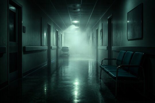 Empty hospital corridor filled with foggy light and shadow