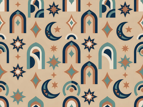 Bohemian seamless pattern with rainbow arches and celestial stars