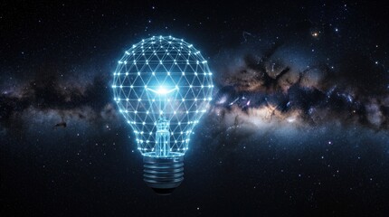 Naklejka premium Glowing blue light bulb made of digital mesh network floats in dark outer space. Creative concept of global energy tech, innovative ideas. Shining electric lamp represents futuristic science, smart