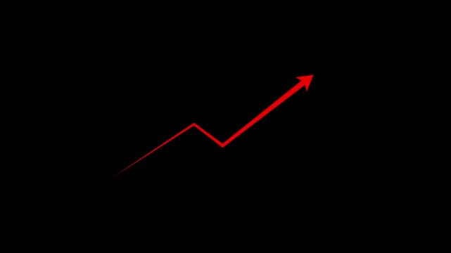 Red financial growth arrow chart animation, rising success trend, business performance improvement, profit increase concept, isolated on black