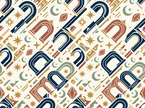 Abstract geometric seamless pattern with arches moons and stars in retro style