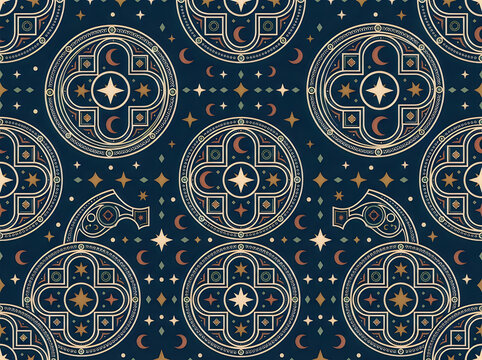 Seamless pattern featuring celestial stars moons and ornate circular motifs