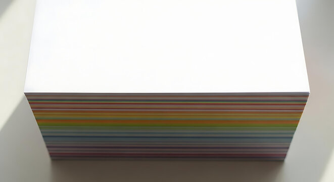 Stack of colorful paper sheets with white top surface with neat stack multicolored sheets resting captures neat