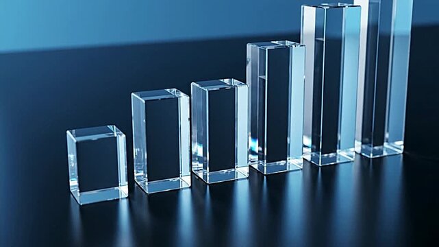 Growing clear glass bar chart animation demonstrating business progress and financial success in dynamic motion footage