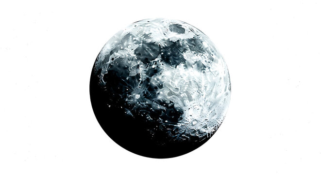 Detailed lunar sphere isolated against plain white background showing intricate surface craters with background sharp contrast
