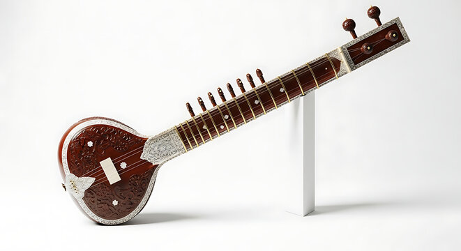 Ornate traditional stringed musical instrument displayed against minimalist white background for cultural music performance art