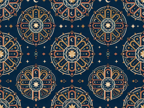 Seamless geometric pattern with intricate mandalas and stars on dark blue