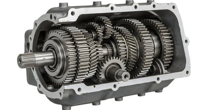Cutaway view of a manual transmission gearbox showing internal gears and shafts