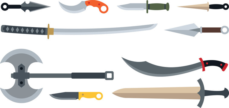 Collection of flat vector bladed weapons swords knives and battle axe for RPG game assets