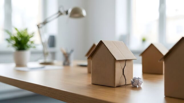 Small cardboard house models arranged on a wooden office desk with a lamp and a green potted plant.