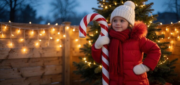 A young girl in a red coat holds a candy cane near a glowing Christmas tree, evoking a festive Christmas holiday and ice skating atmosphere.