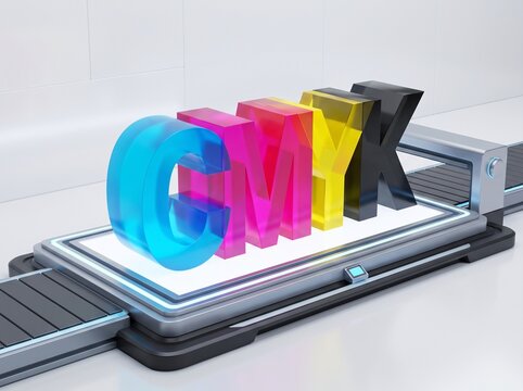 3D CMYK letters on a printing press in vibrant colors  