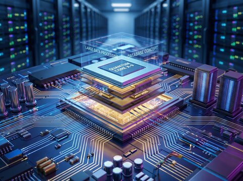 3D illustration of a microprocessor on a circuit board in a server room  