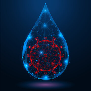 Viral water pollution. The red virus particle inside the digital blue droplet symbolizes hidden biological threats and the threat of infectious diseases.