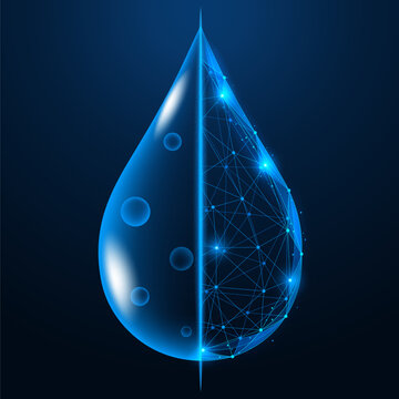 Checking the water quality. One half of the drop is depicted as physical clear water with bubbles, while the other half is represented as a digital grid of interconnected lines and dots.
